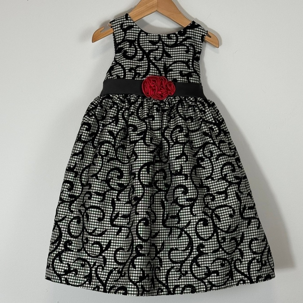 Marmellata Toddler Girls Gingham Velvet Scroll Party Dress Red Rosette Black 2T